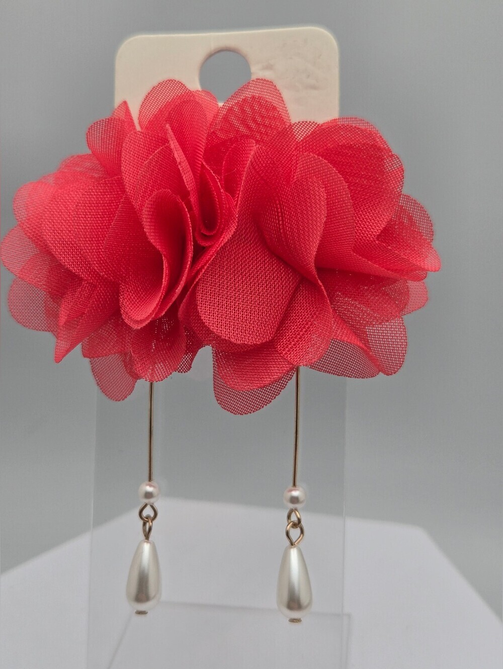 ✨2/$10✨ Red Fabric Flower Pearl Drop Earrings Boho Statement Earrings 3" New